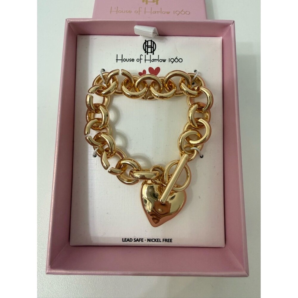 House of Harlow 1960 Gold Tone Puffy Heart  Bracelet Chunky Chain Toggle NEW